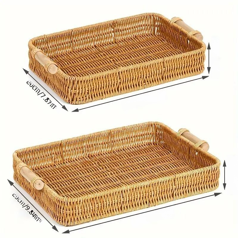 籐編み両手取っ手付きトレイ