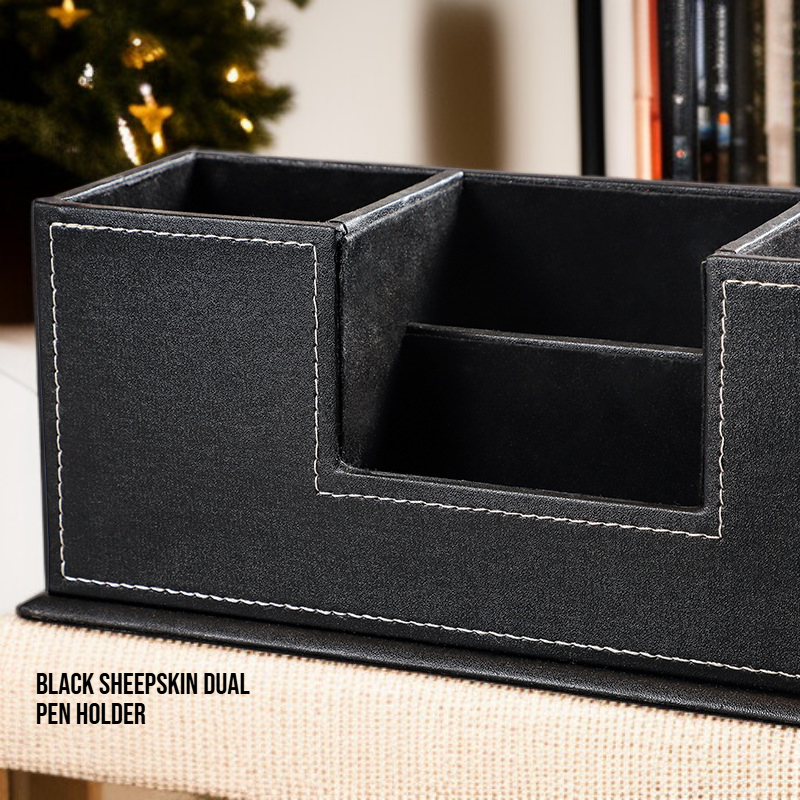  Factory Wholesale Simple Style Leather Dual Pen Cup and Drawer Storage Organizer for Stationery