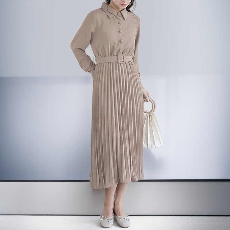 秋新作 レディース 長袖ニットプリーツワンピース OL通勤 日本ロッテ