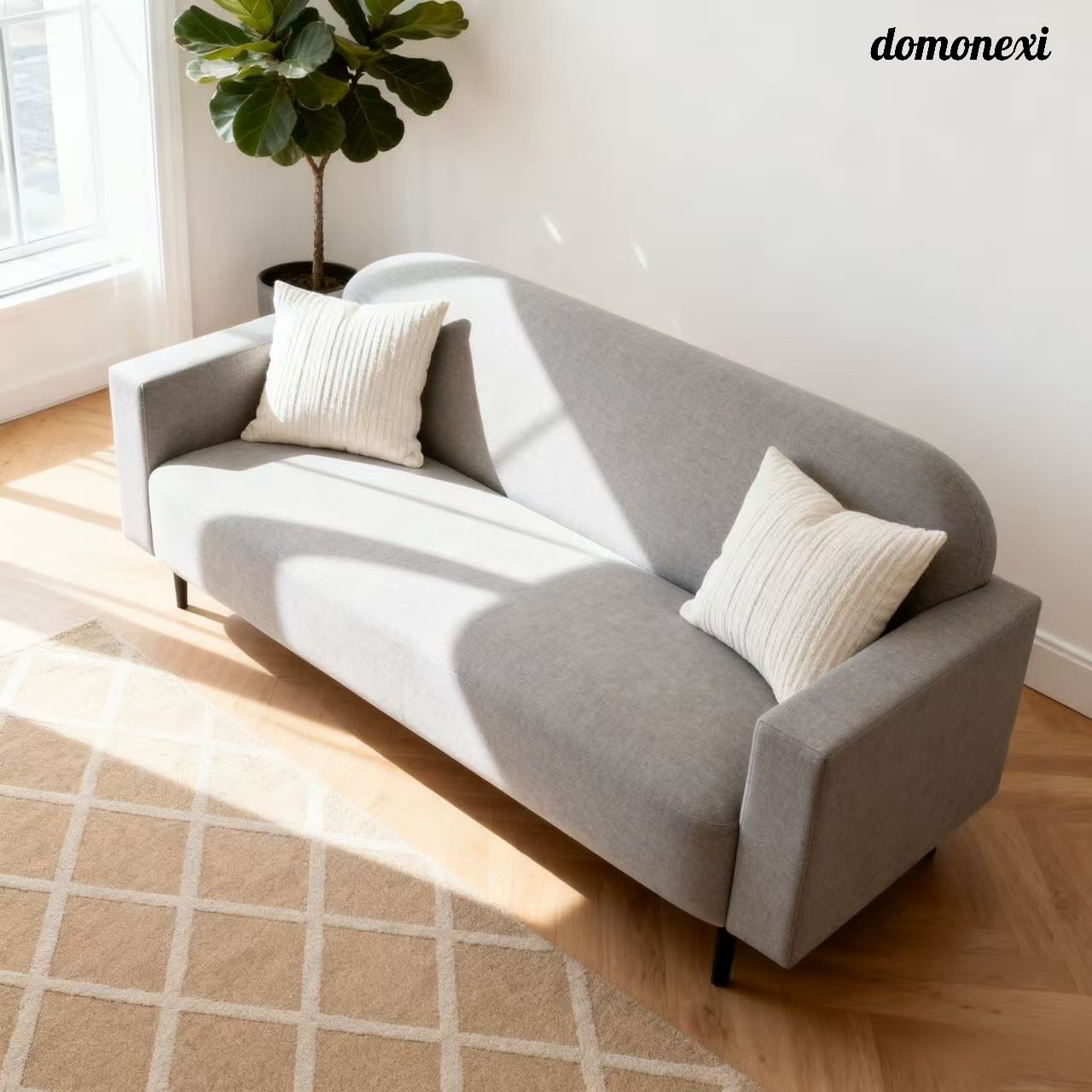 패브릭 소파가 있는 소형 아파트 거실과 침실