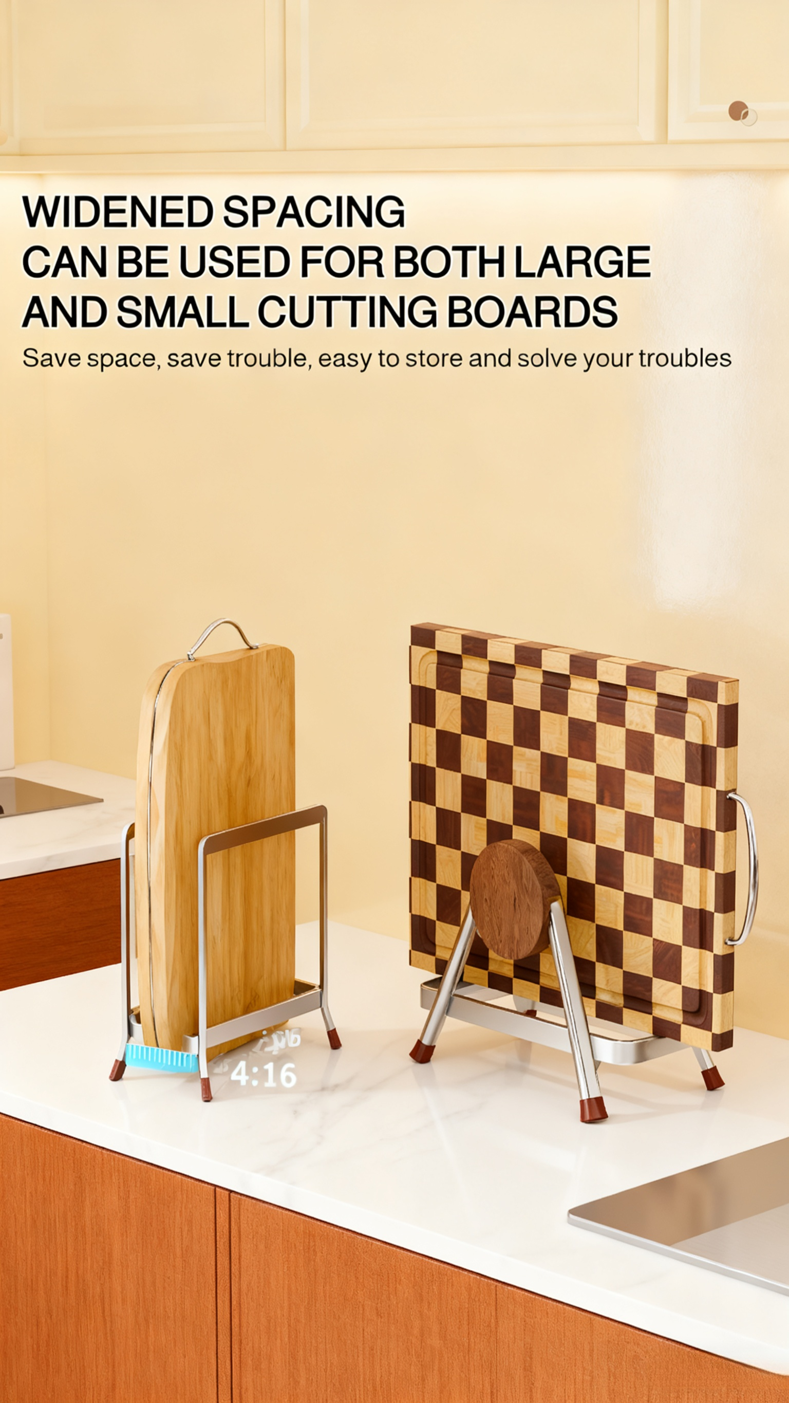 Close-up of retro beech wood cutting board rack