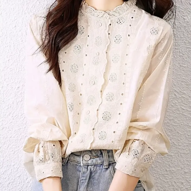 가을 레이스 카라 살구색 여성 긴팔 자수 플라워 셔츠
