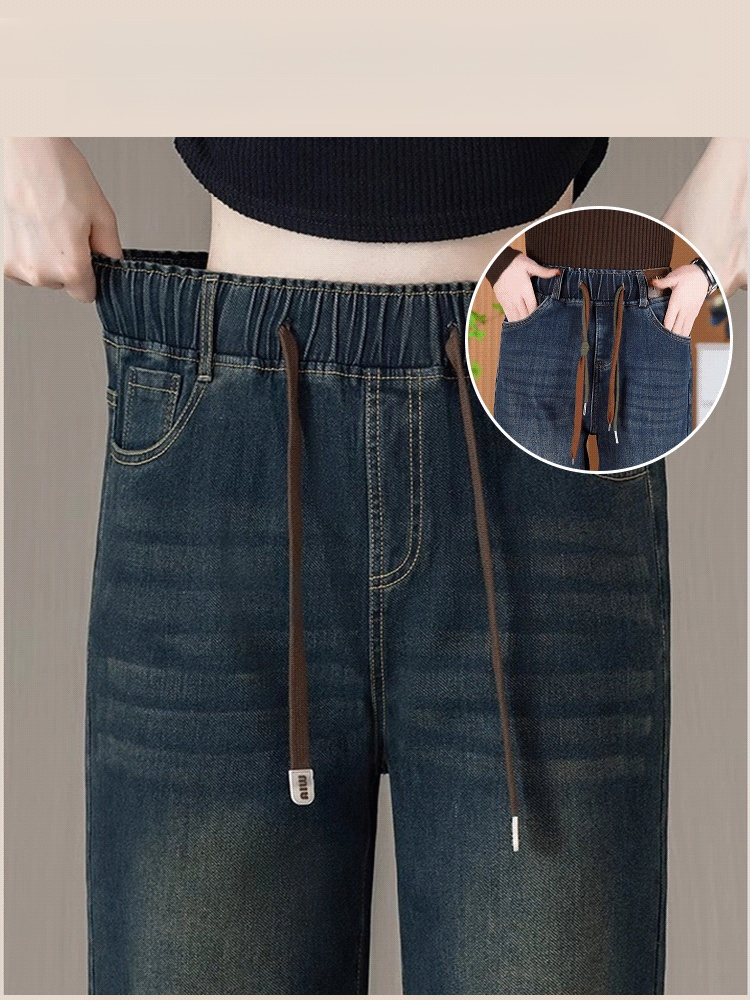 고무 웨스트 데님 와이드 팬츠