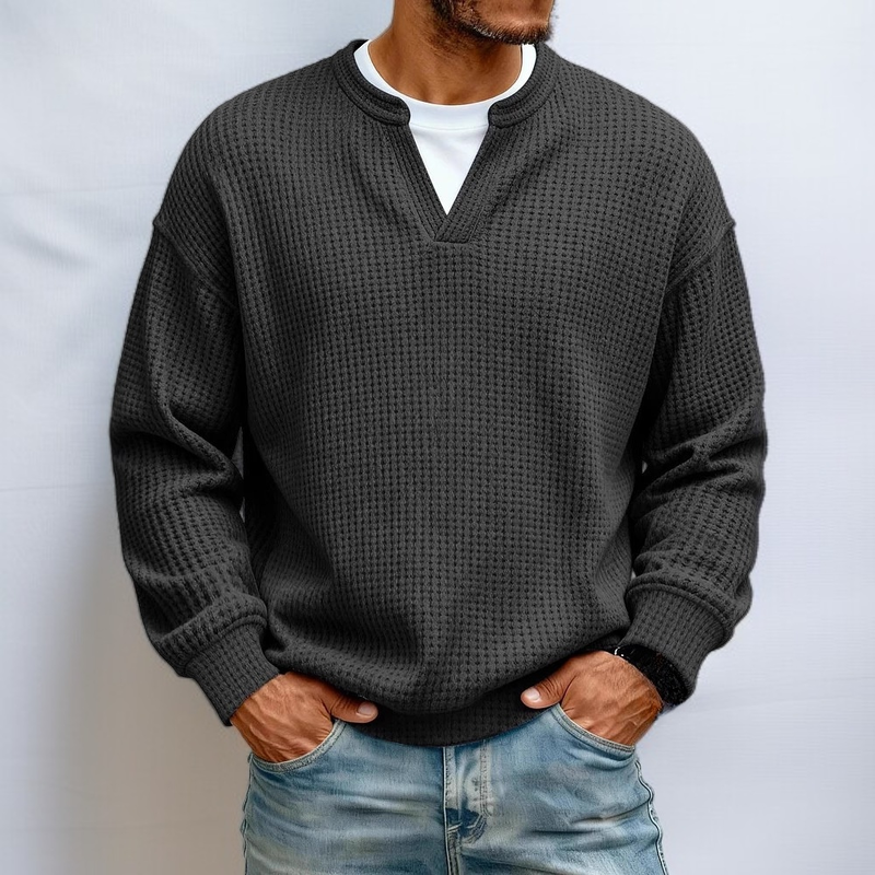 長袖Tシャツ、シンプルなワッフル柄、メンズ服