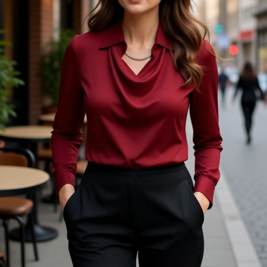 قميص نسائي بسيط بأكمام طويلة وياقة منحنية مع ثنيات