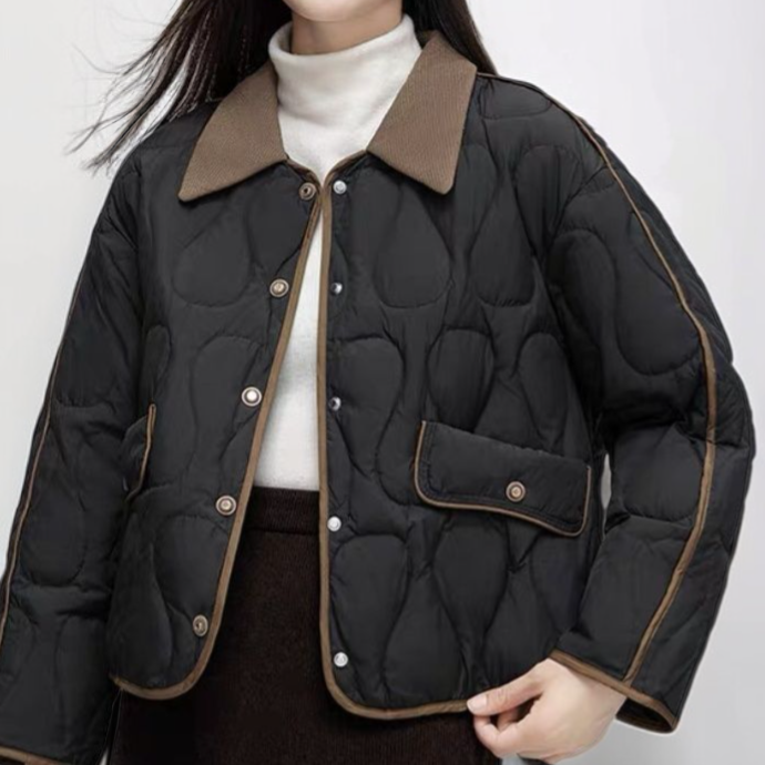 ショート丈、襟付き、カラーブロック、軽量ダウンジャケット