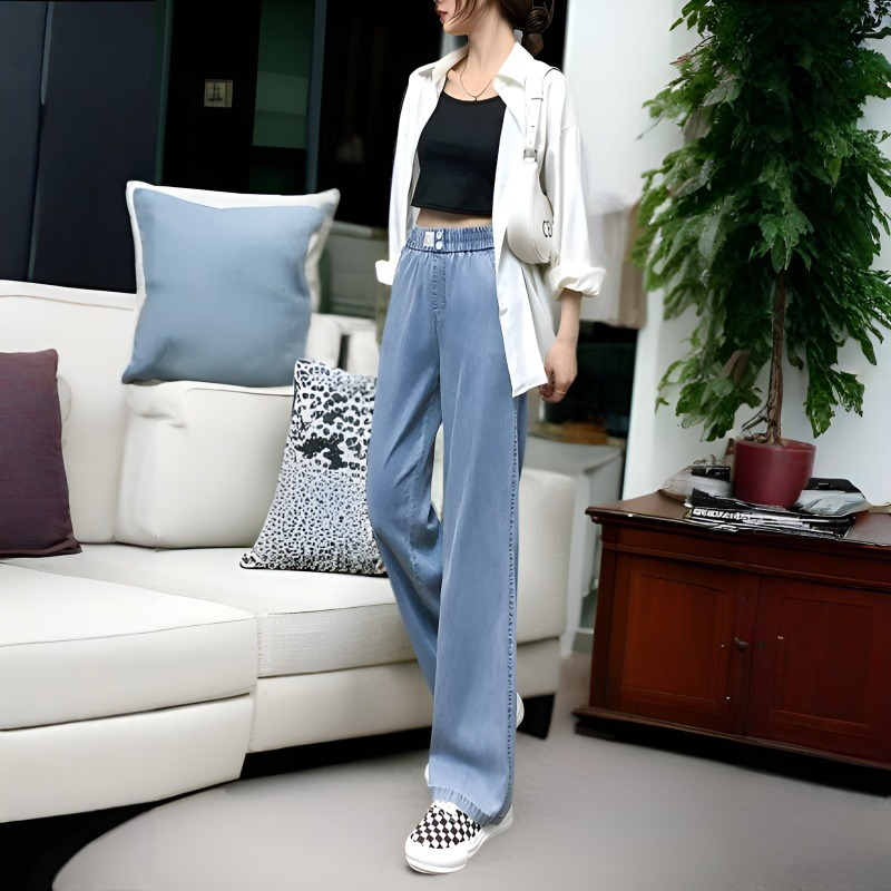 여성 여름 살코기 아이스 청바지 하이웨스트 와이드 얇은 아이스 원단 와이드 팬츠