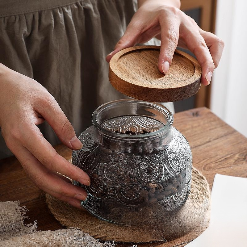 復古玻璃密封罐木蓋咖啡豆儲存罐茶葉罐