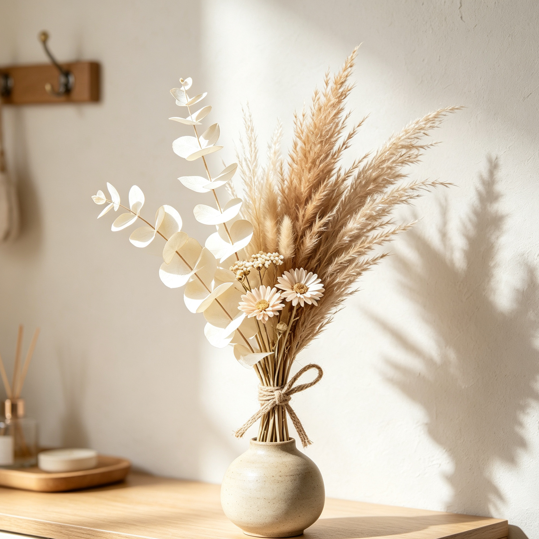 小さな陶器の花瓶に入ったドライフラワーの花束