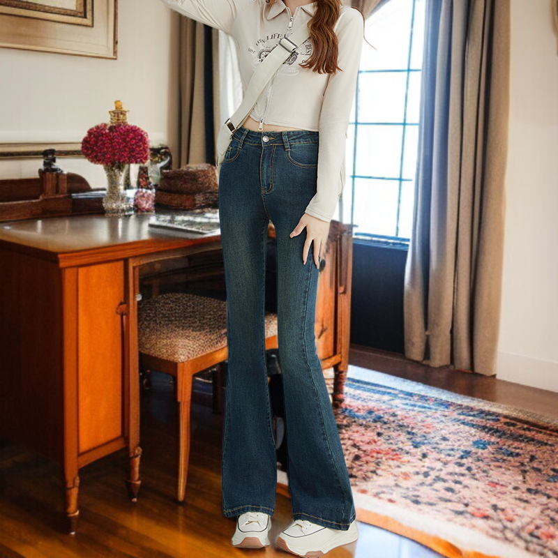 小さめハイウエストワイドジーンズ女性春春スリム細めマイクロフレアワイドパンツ