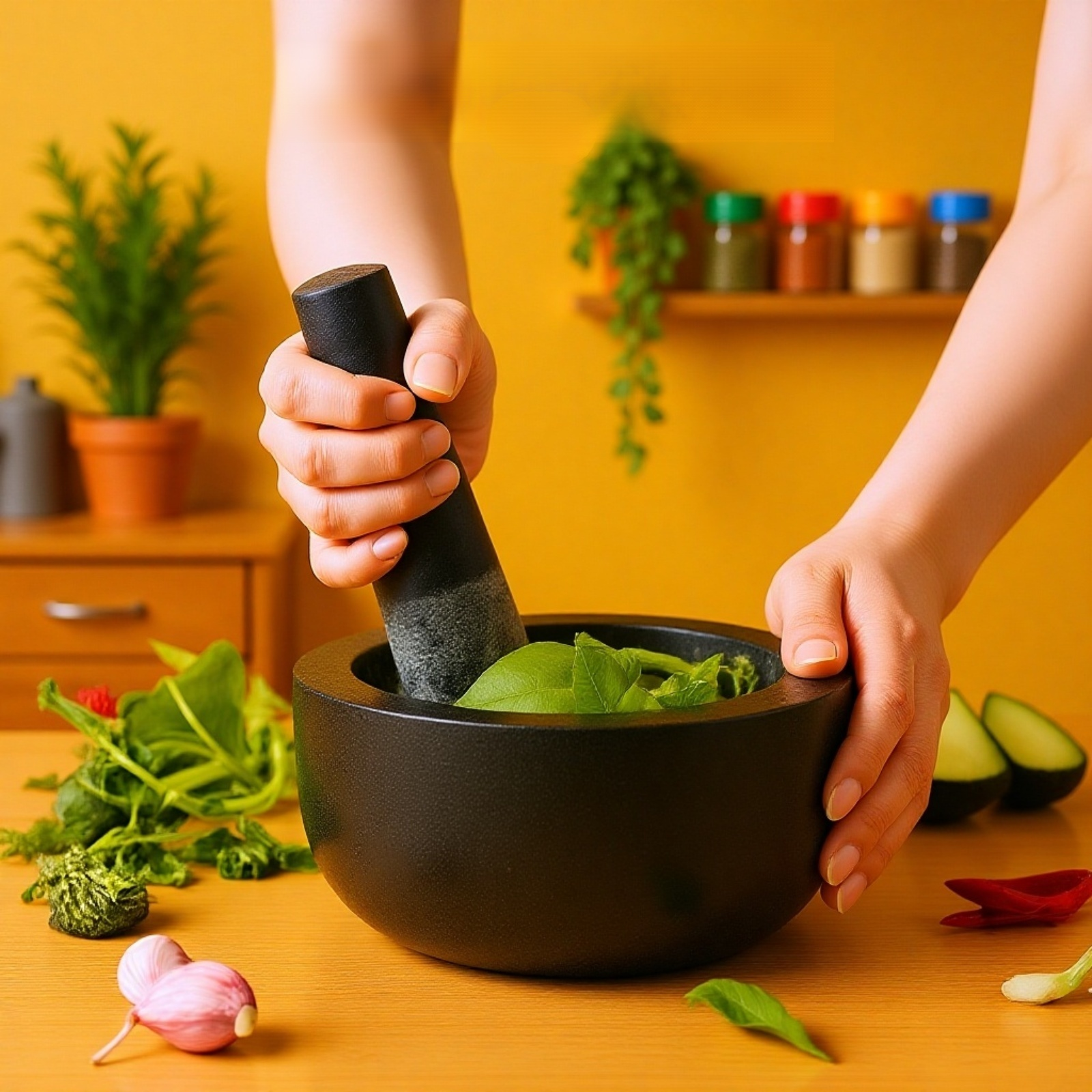 수동 마늘 다지기로 손쉽게 마늘 다지는 모습