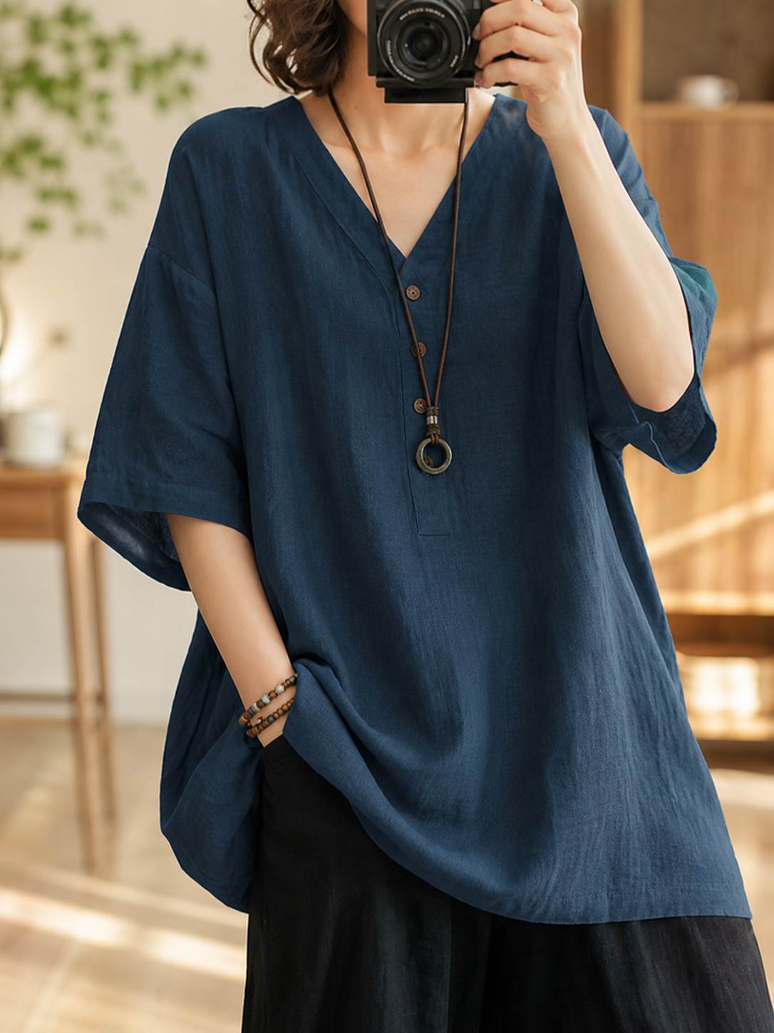 カジュアル万能リネンコットン半袖Tシャツ レディース