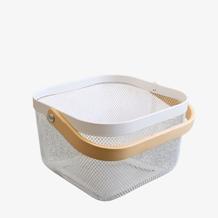  Portable Metal Mesh Fruit Basket with Wooden Handle for Home & Kitchen