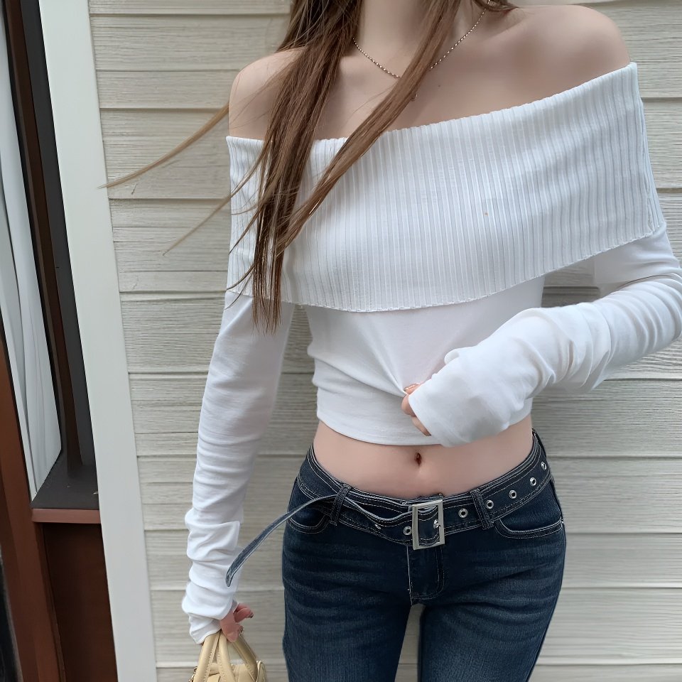 セクシーオフショルダーパッチスリムトップス韓国風レディース