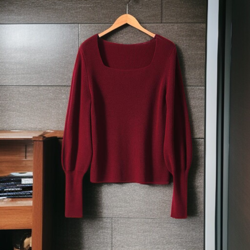 ジャンパー女性気質ニットボトムシャツスクエアネックランタンスリーブニットウェアエレガントなインナートップス
