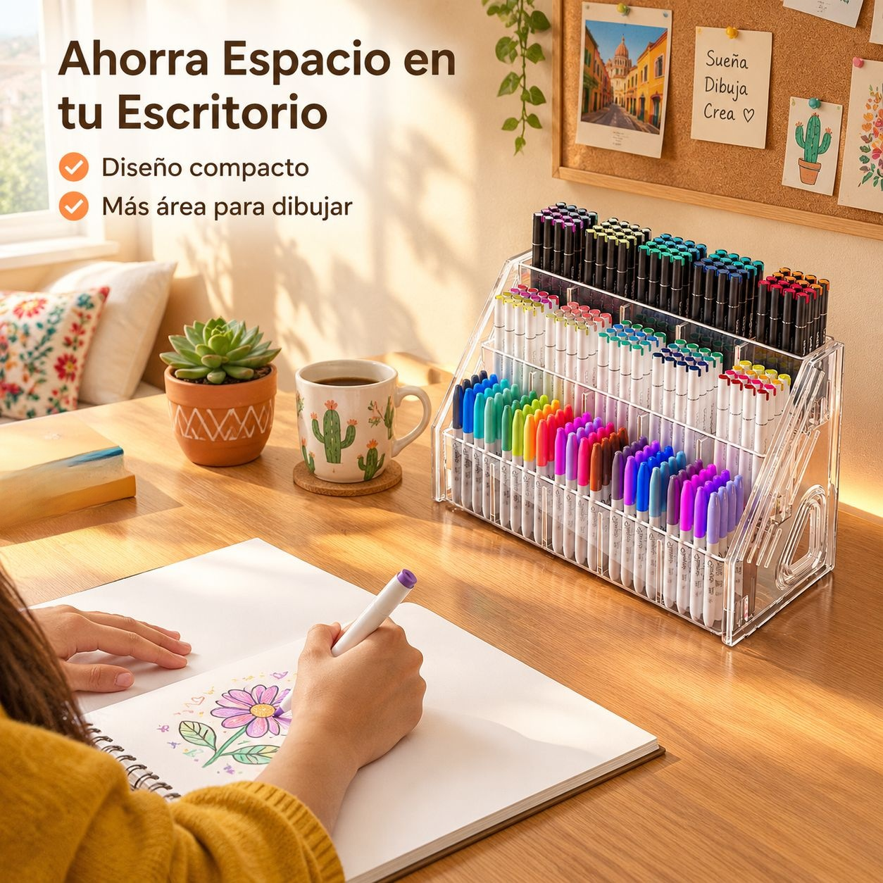 Soporte transparente acrílico con divisiones para almacenar útiles y pinceles