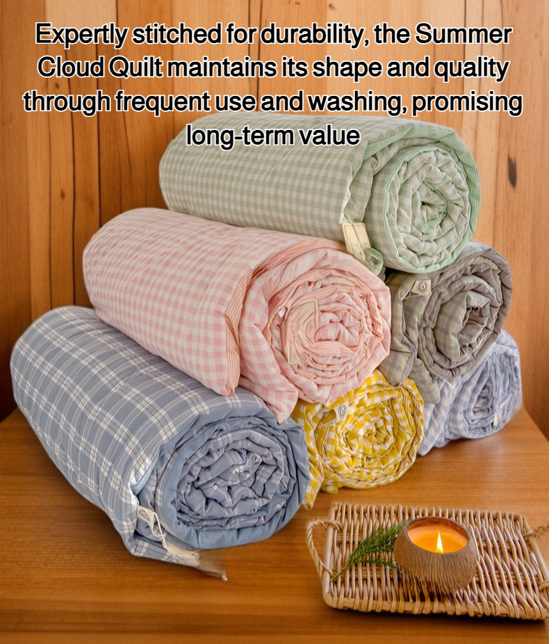 Close-up of plaid pattern on air conditioning quilt