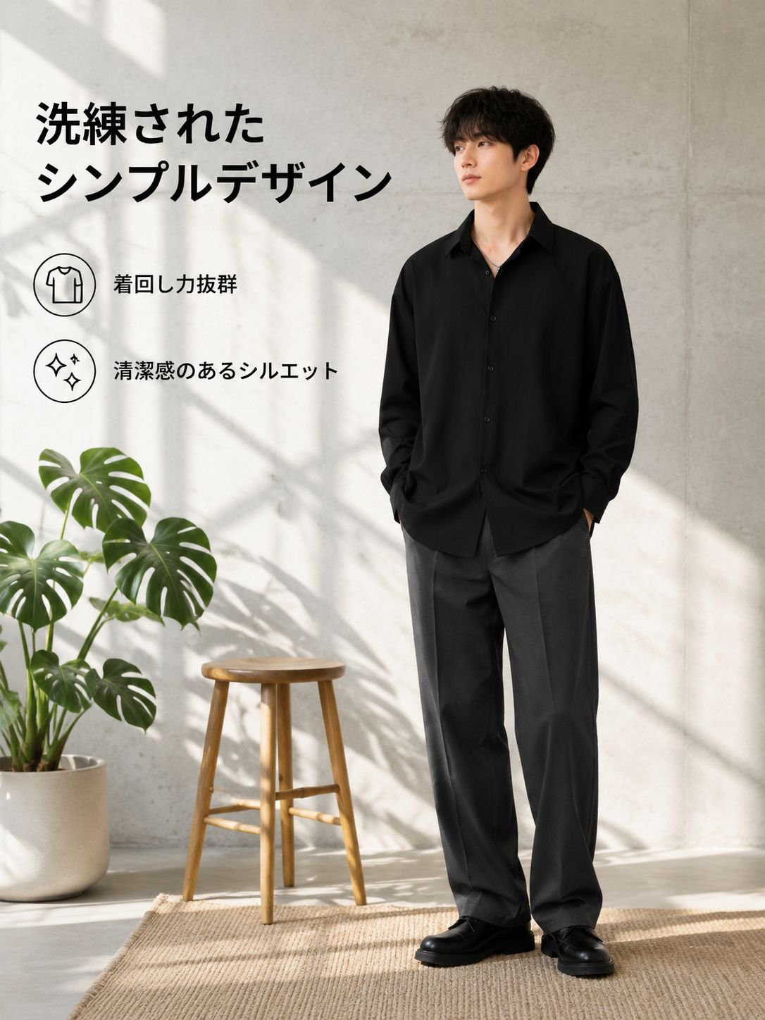 ゆったりとした着心地で、しわになりにくい黒のメンズビジネスカジュアルシャツ
