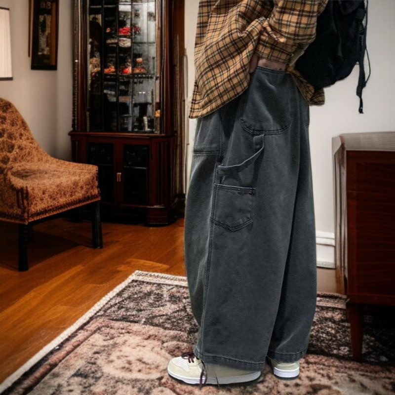 빈티지 카고 와이드 일자 와이드 팬츠 남자 힙합 빅 사이즈 데님 팬츠