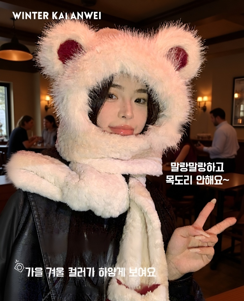 여성용 곰돌이 모자 목도리 장갑 세트