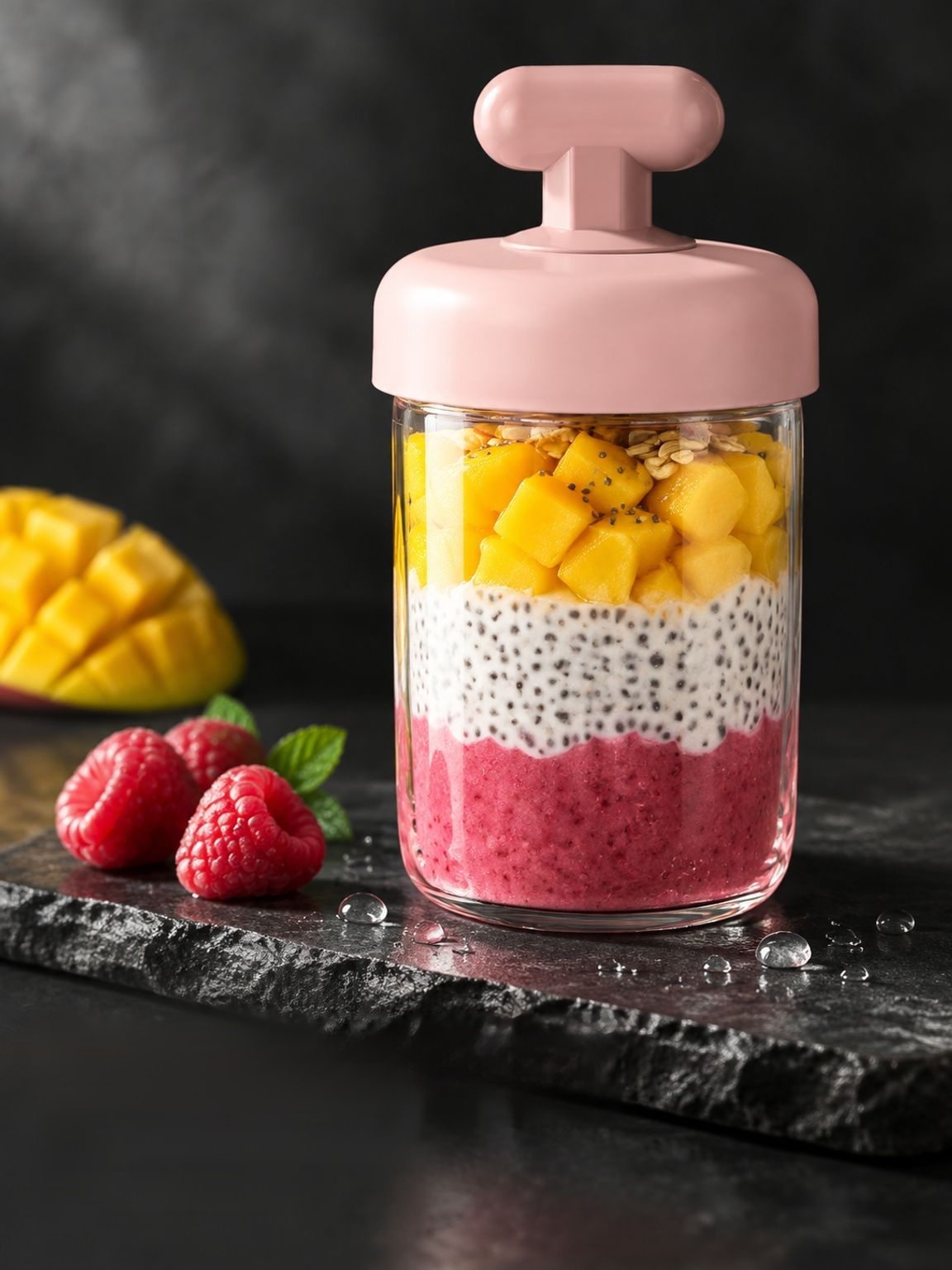 Tragbarer, auslaufsicherer Frühstücksbecher mit Deckel, Löffel und Fächern (für Joghurt/Haferbrei)