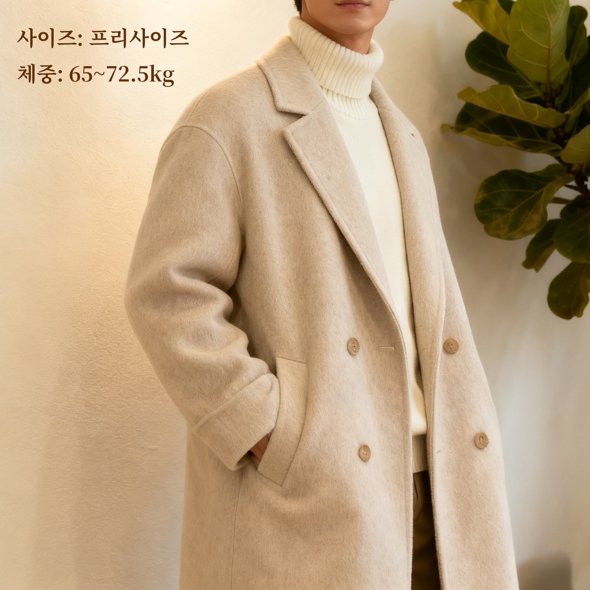 남성 베이지 코트 디테일 더블버튼 클로즈업