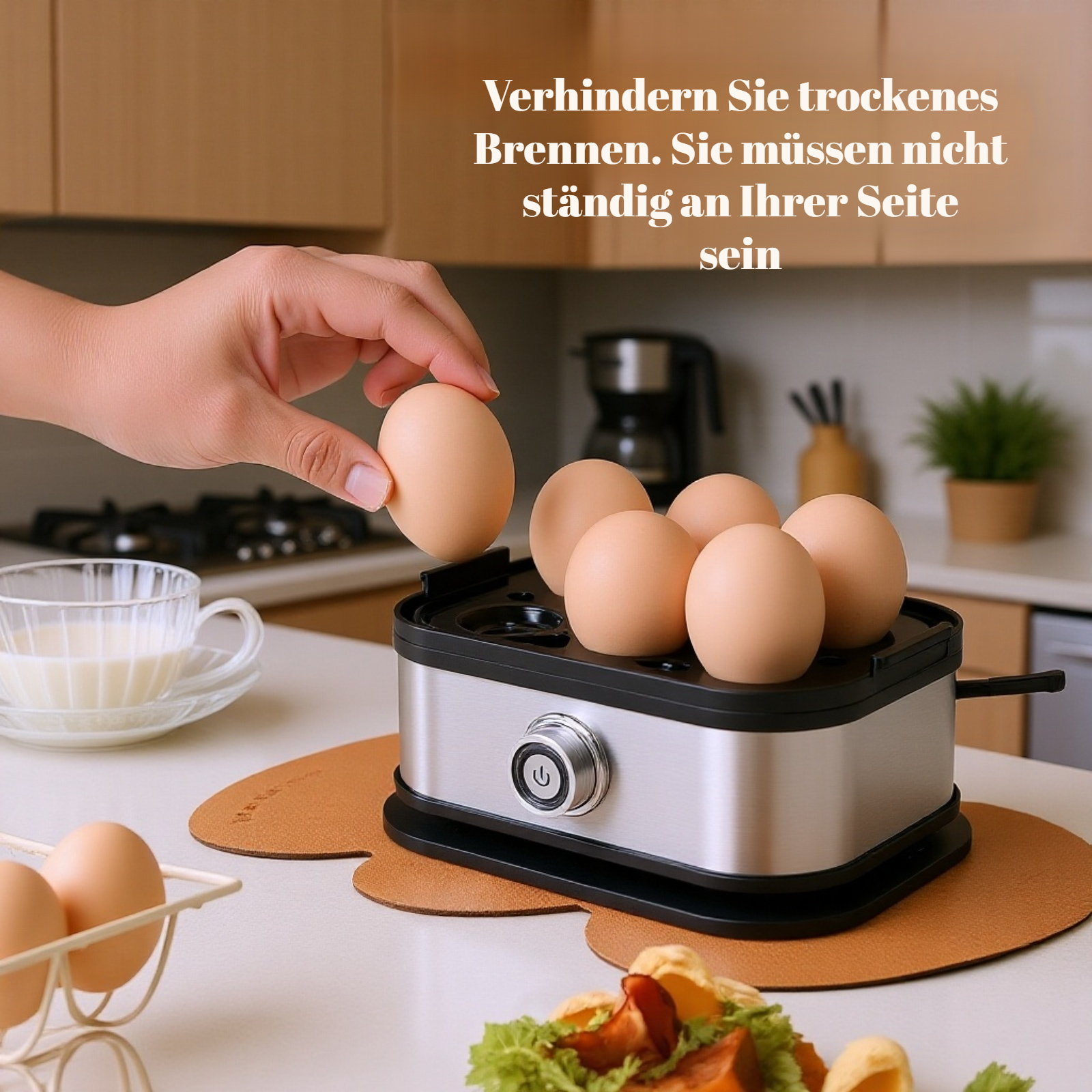 Kompakter Edelstahl-Eierkocher, Ein-Knopf-Bedienung, Schutz vor Trockenlauf