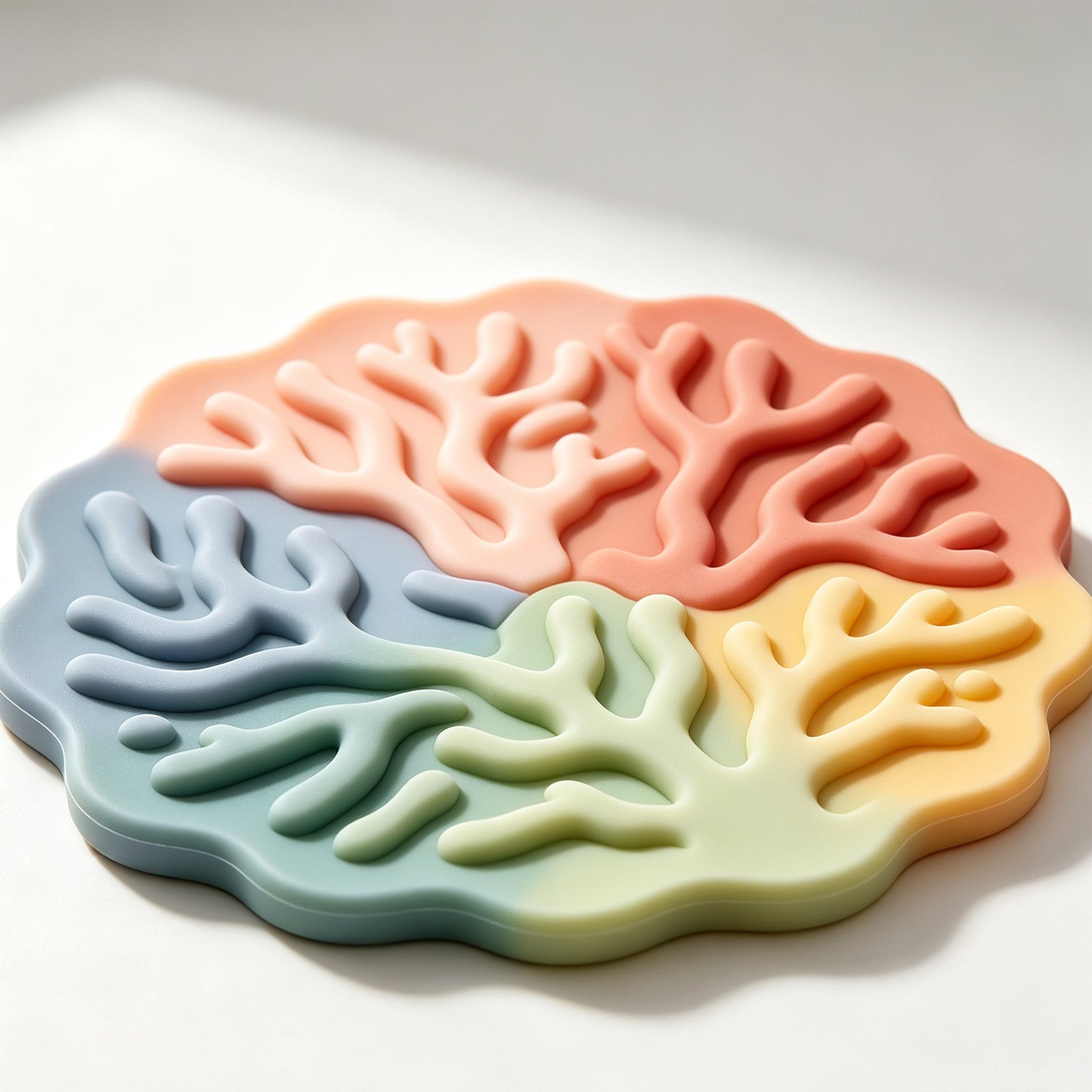 Coral Fantasy Island Silicone Coaster on a wooden table