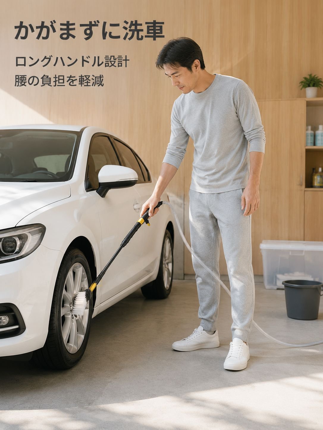 家庭用泡ボトル付きタイヤ・ホイールブラシ（ソフト毛・ロングハンドル）