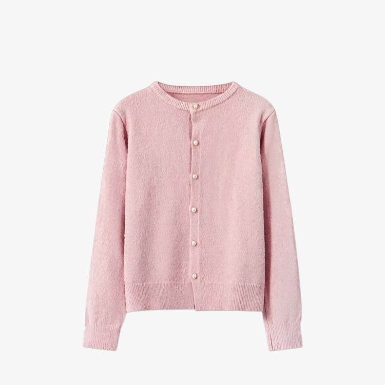 여성 니트 가디건 긴팔 솔리드 상의 진주 버클 여성 봄가을 라운드 니트 가디건 부드러운 니트 코트