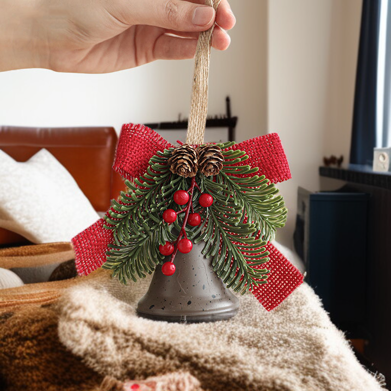 Metal Christmas Bell Ornament with Bow, Pine Needles, and Red Berries for Door 