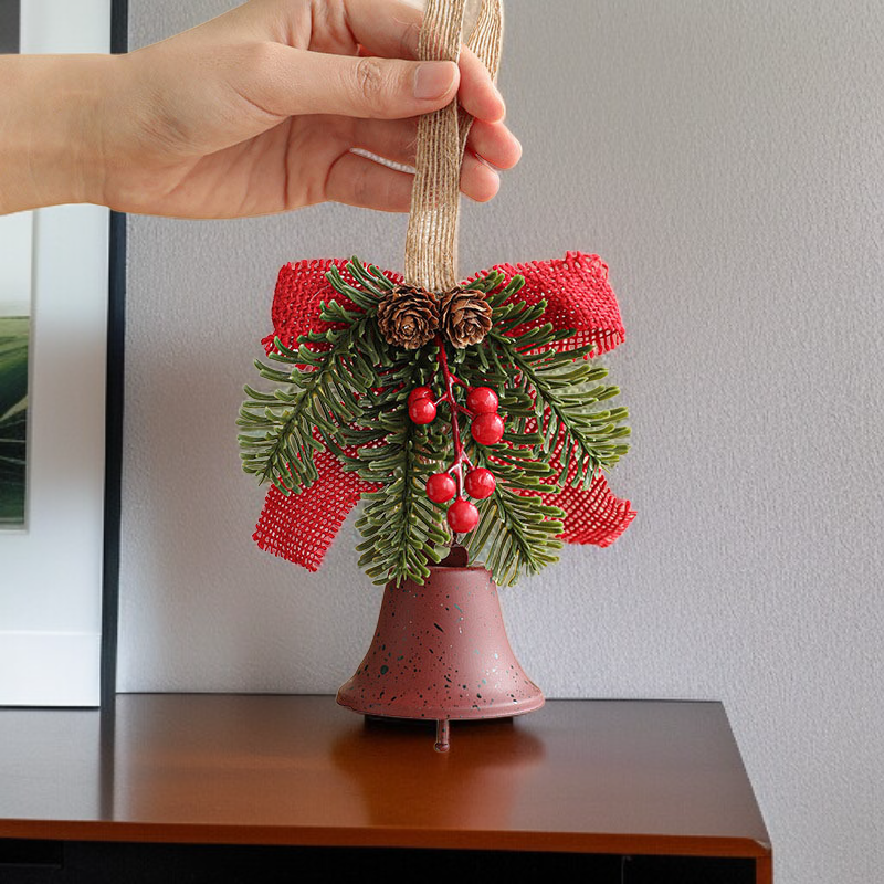 Metal Christmas Bell Ornament with Bow, Pine Needles, and Red Berries for Door 