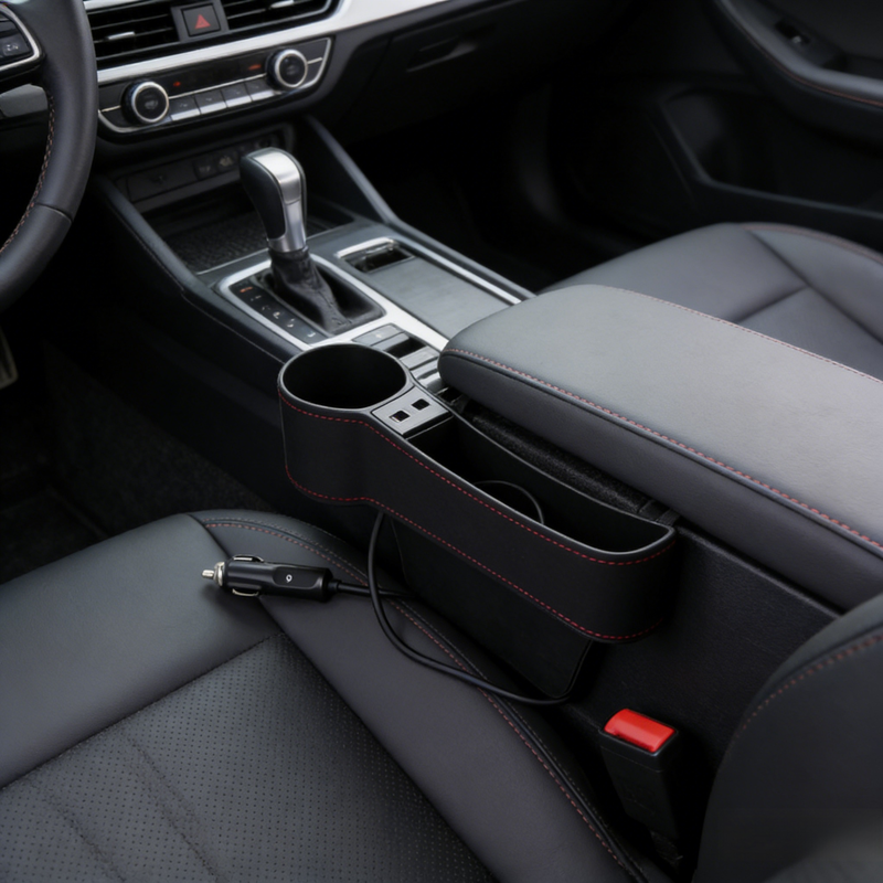 Wielofunkcyjny samochodowy organizer z ładowaniem USB i miejscem na kubek