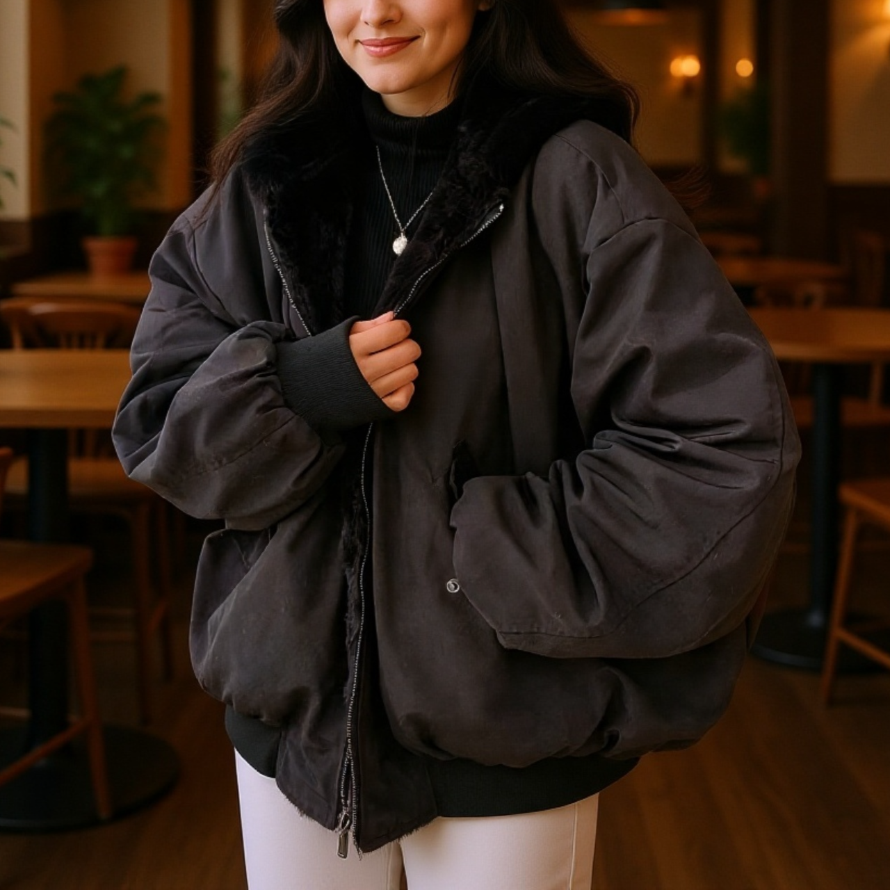 ファッショナブルなフード付きコートの後ろ姿