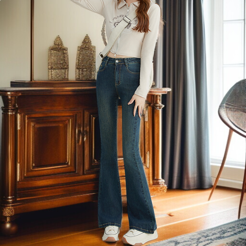 小さめハイウエストワイドジーンズ女性春春スリム細めマイクロフレアワイドパンツ