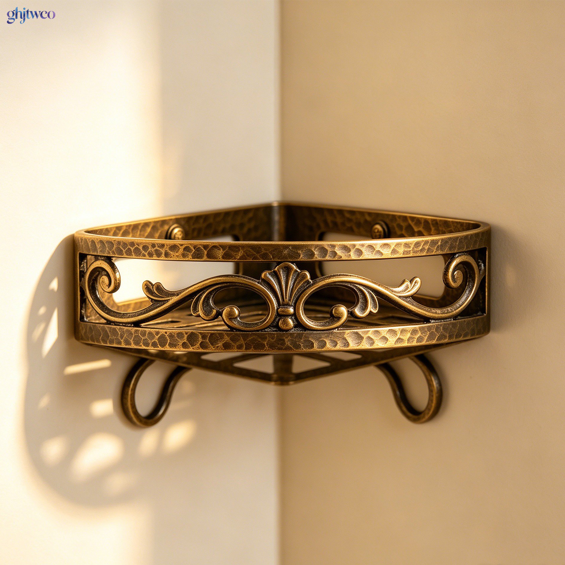 Set of 4 cast bronze bathroom corner shelves installed in modern bathroom