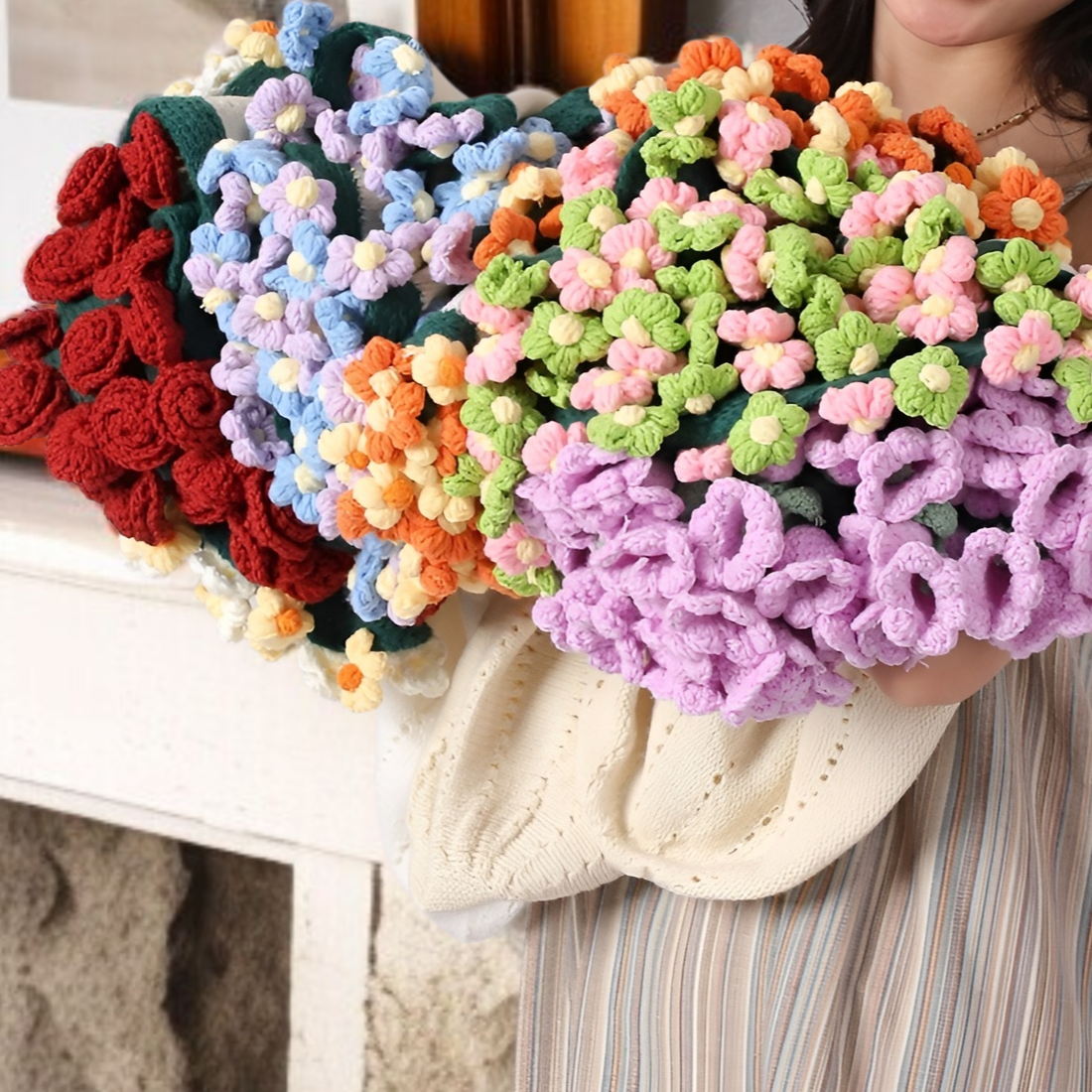 ومن ناحية محبوك بطانية الصوف باقة الورد