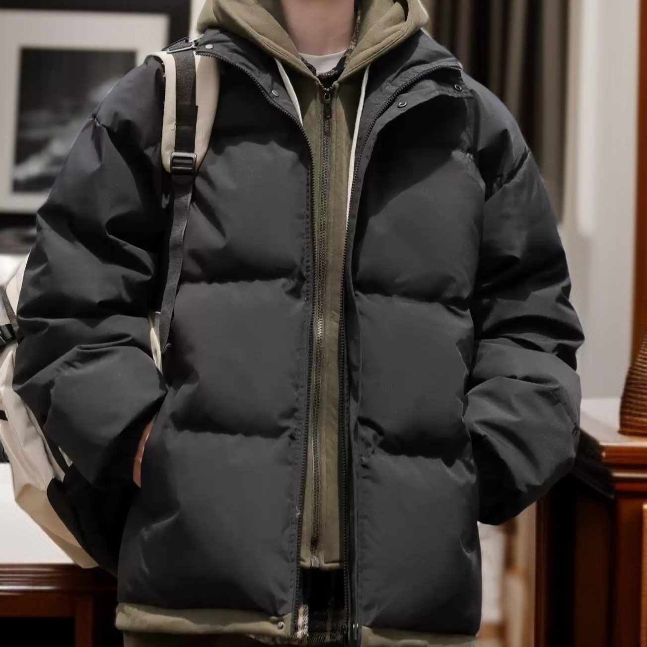 カップル用厚手パディングコート ルーズフィット パン型コート フェイクツーピース パンパディング