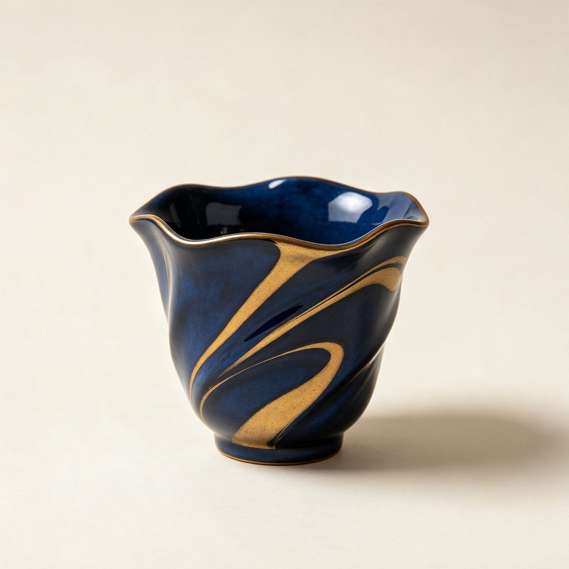 Blue-glazed gilt ceramic flower-shaped cup