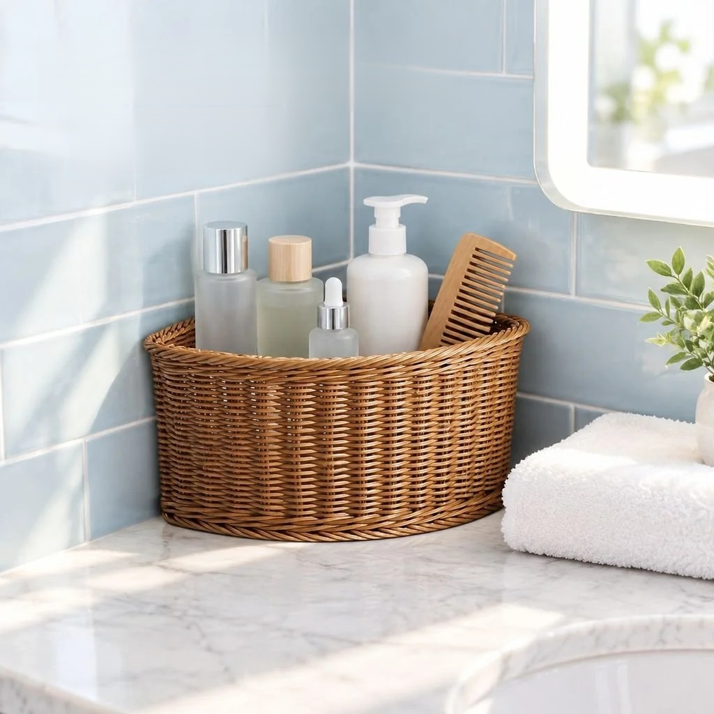 Corner storage basket with toiletries in a bathroom shelf.