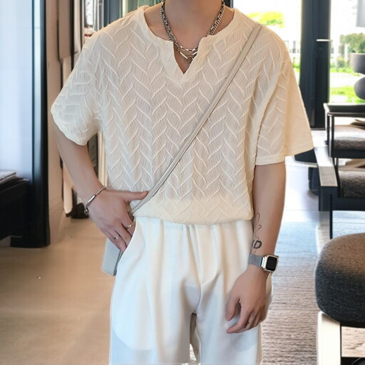 헤어스타일리스트 여름 루즈핏 반팔 티 텍스처 브이넥 반팔 티 셔링 캐주얼 티셔츠