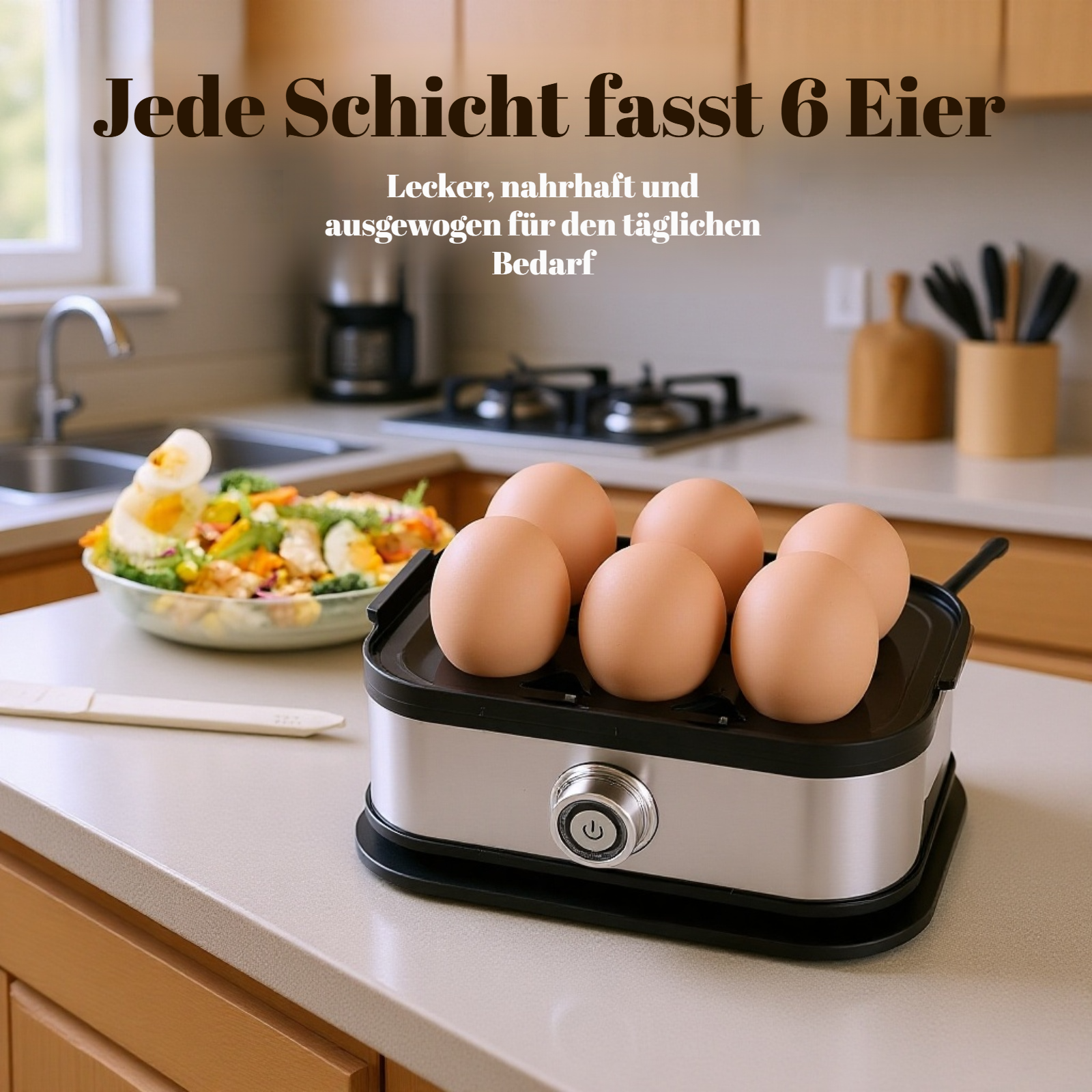 Kompakter Edelstahl-Eierkocher, Ein-Knopf-Bedienung, Schutz vor Trockenlauf