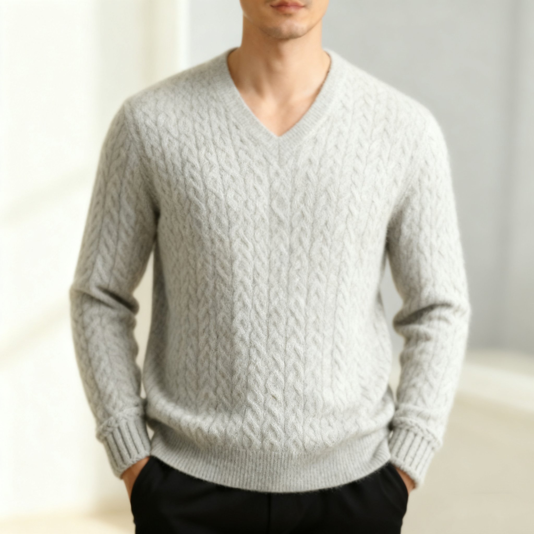 高級グレー手編みニットセーター
