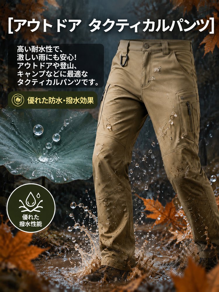 タクティカルパンツの耐久性をイメージした生地ディテール