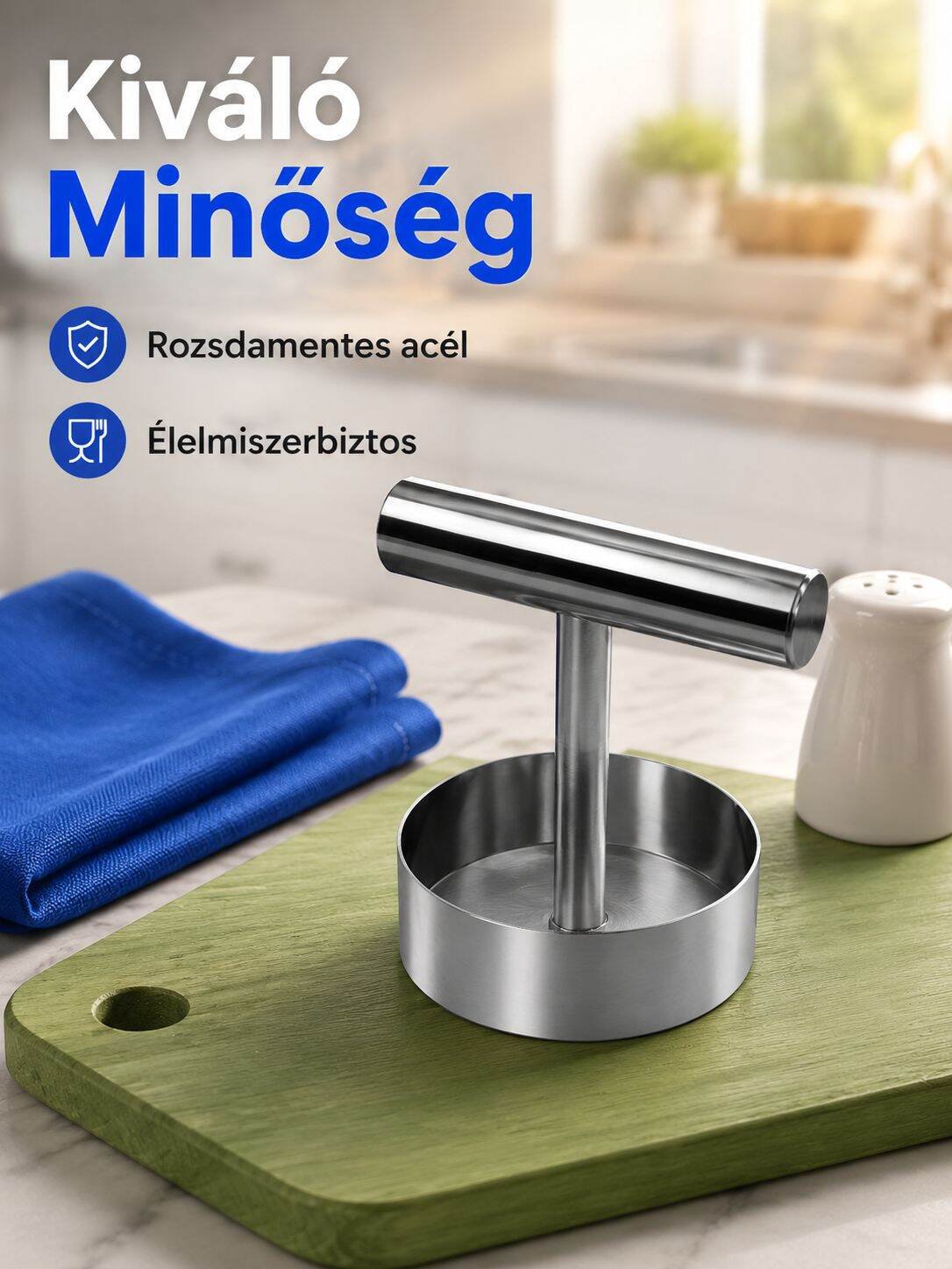 Rozsdamentes acél kör alakú pogácsa nyomó