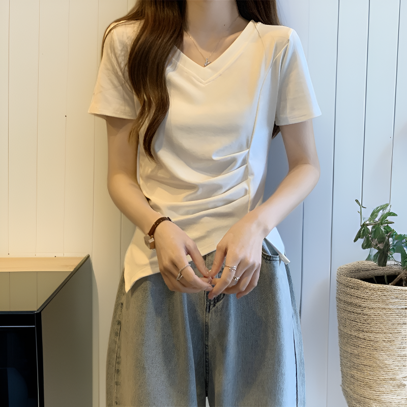 夏の新作ベーシックVネックウエストスリット綿半袖Tブラウス