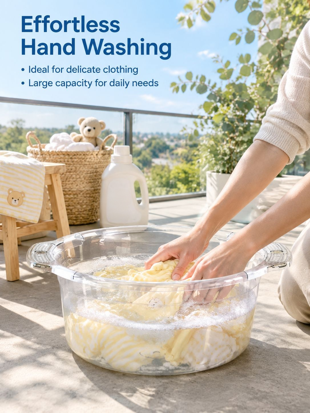 Household washing basin with a clear transparent body
