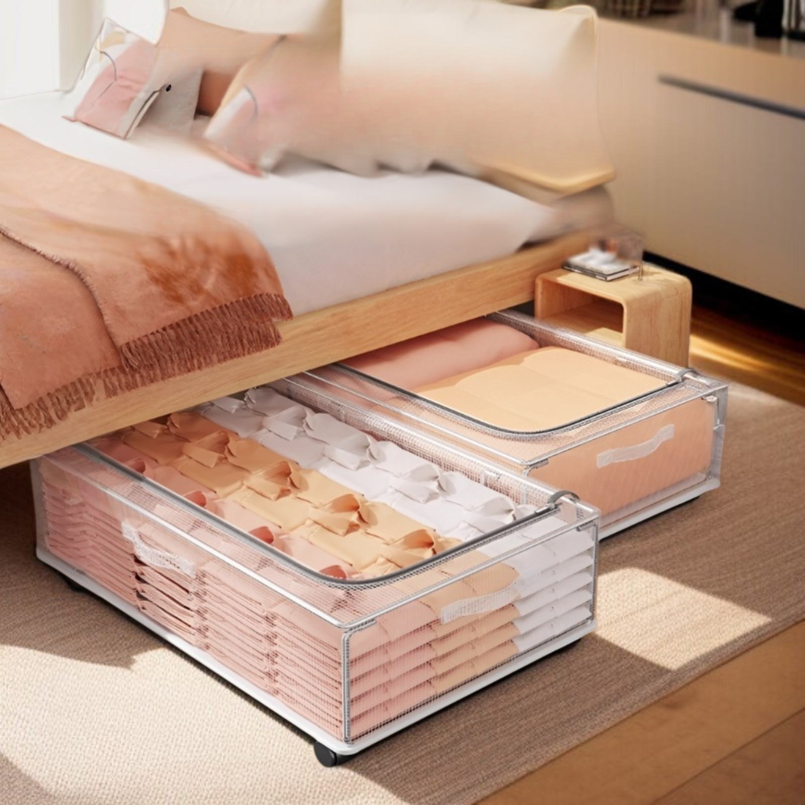 Flat, moisture-proof, large-capacity under-bed storage box with wheels; suitable for organizing clot