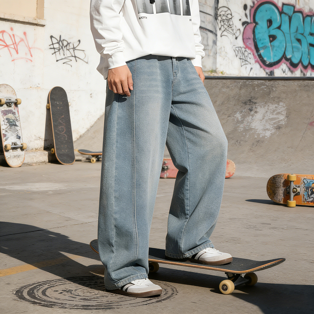 春新作メンズ分割パッチワークワイドシルエットデニムパンツ