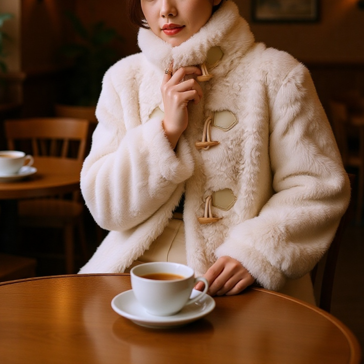 Őszi-téli női műbőr kabát, szarvasgombás gombokkal, vastag, meleg, báránygyapjú béléssel